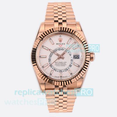 ES Factory Swiss Replica Rolex Sky-Dweller Rose Gold White Dial Jubilee Watch 42mm 